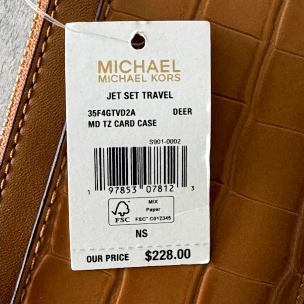 Michael Kors Logo Jet Set Travel Med Tan Croc-Embossed Card Holder Wallet